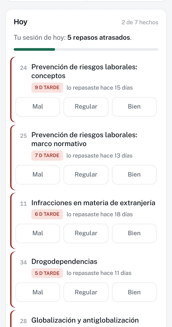 La sesión de hoy en el móvil: cinco repasos atrasados, cada uno con los botones Mal, Regular y Bien